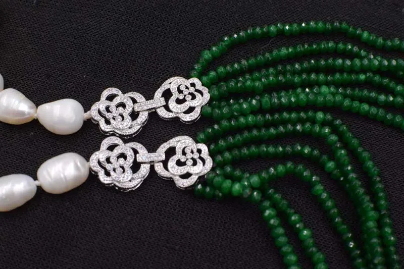 7rows freshwater pearl white baroque 9-13mm & green jade roundel faceted nature beads wholesale 30-34nch FPPJ gift