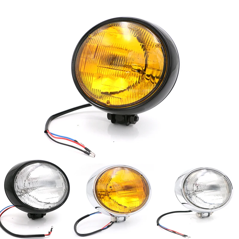 Fashion Motorcycle Headlight Universal Scooter Vintage Head Lamp Motorbike Retro Yellow Front Light Motor DC 12V Round Headlamp