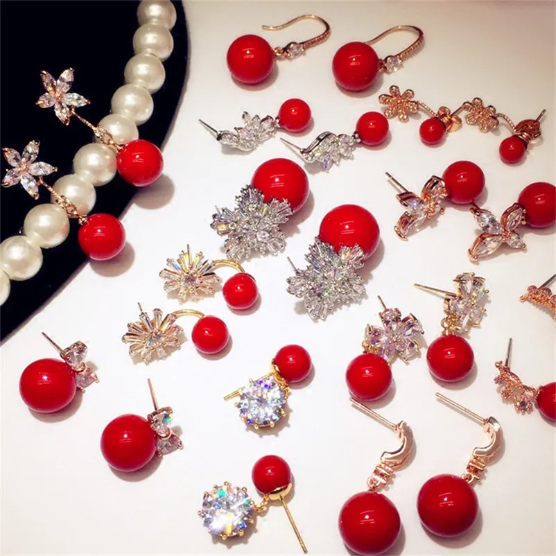 

Drop Earrings For Women S925 Red Imitation Pearls Fine Jewelry Cubic Zirconia Brincos Bridal Wedding Temperament Bijoux