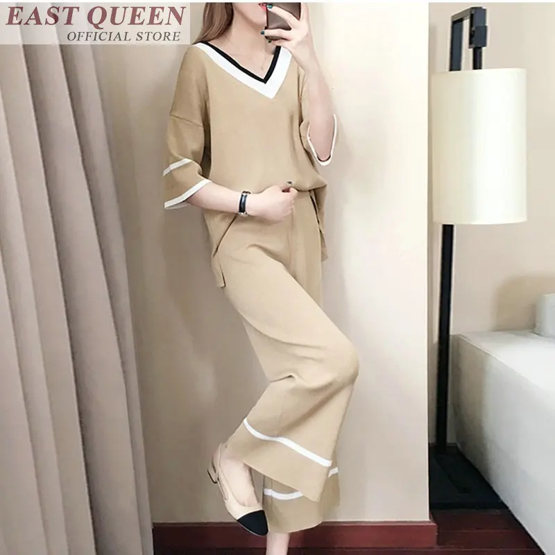 

Suits women two piece set v-neck three quarter pullover tops elastic waist ankle-length pants solid loose clothing sets DD675 L