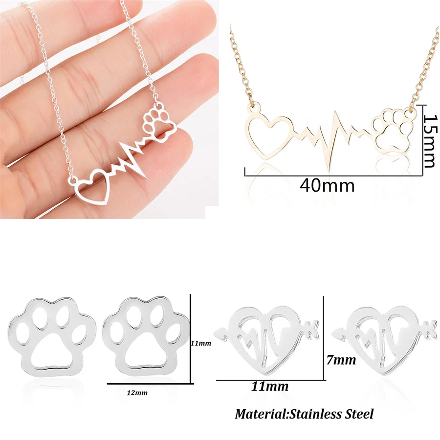 Women Wave Heart Necklaces Stainless Steel Necklace Long Chain Pet Paw Pendant Necklaces Chokers Vintage Jewelry Christmas Gift