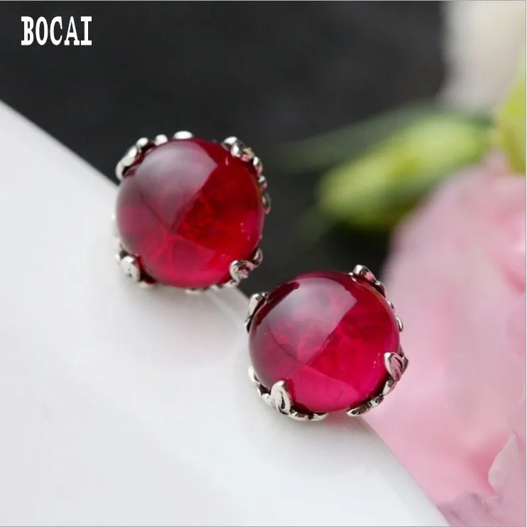 100% real solid silver hand-set with red fused alumina earrings ladies hypoallergenic 925 sterling silver retro stud earrings