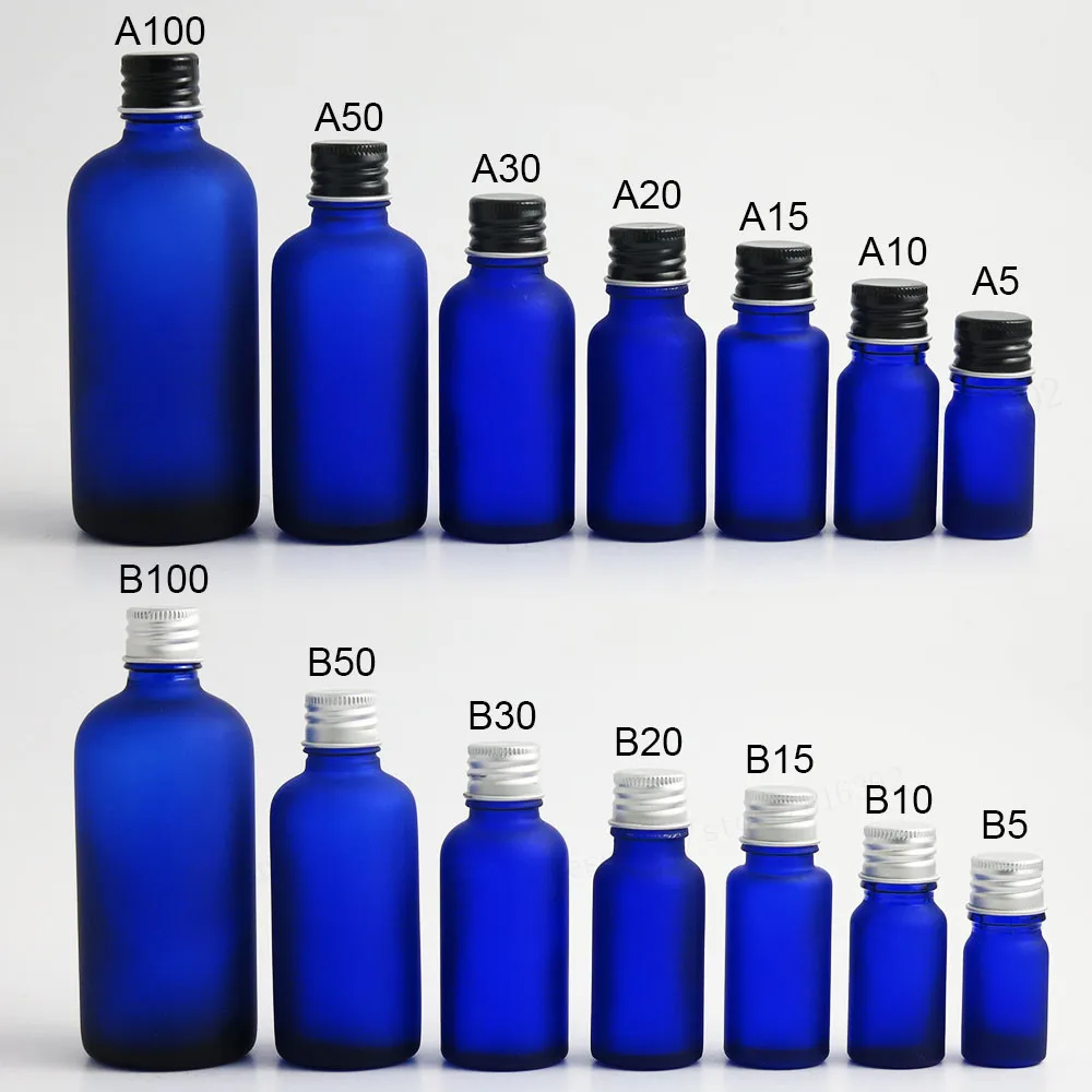 200 x Frost Blauen Glas Ätherisches Öl Behälter Mit Silber Schwarz Aluminium Kappe mit einsatz 100 ml 50ml30ml 20 ml 15 ml 10 ml 5 ml