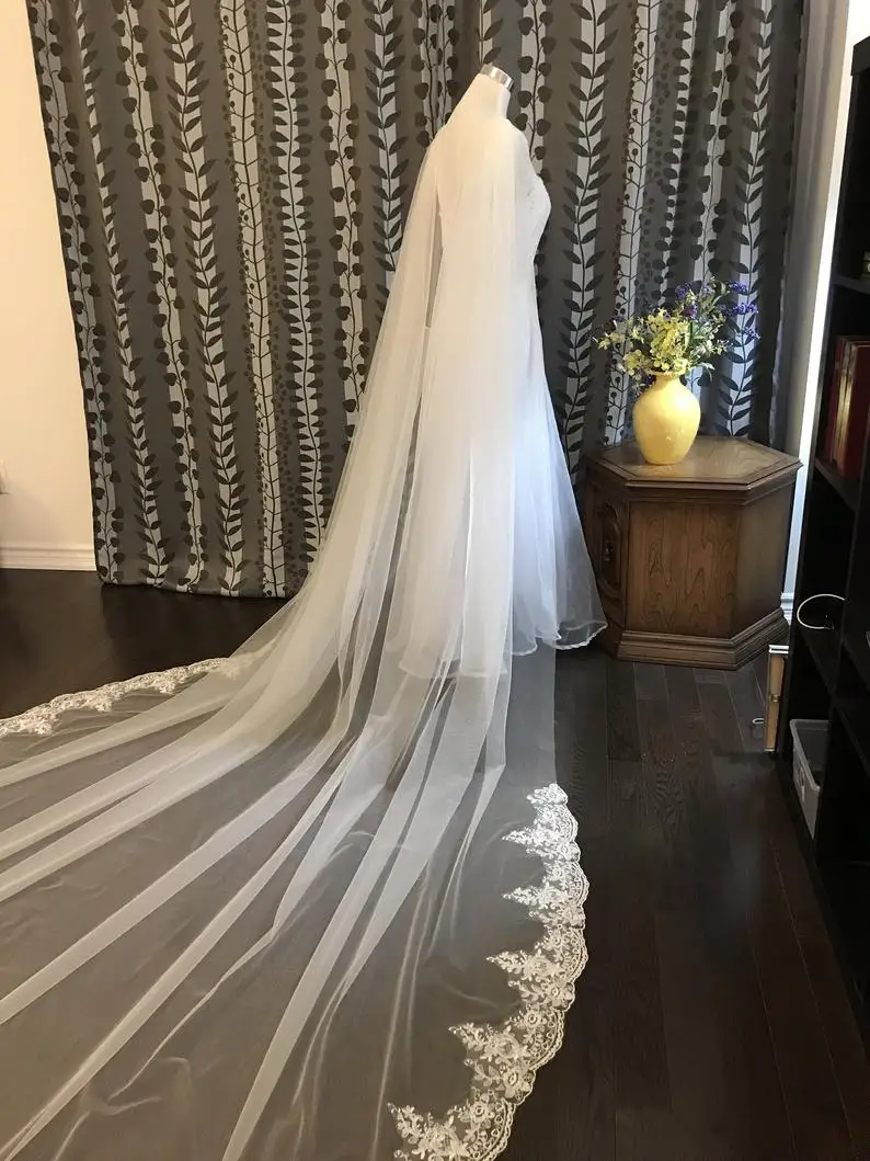 Wit/Ivoor/Off White Lace Cape Sluier 108 "W X 120" (3 Meter) lange Wedding Bridal Cape Mantel Sjaal Kant Trim Op Onderkant