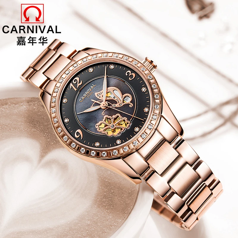 Switzerland CARNIVAL Luxury Brand Automatic Mechanical Women's Watches Sapphire Waterproof Skeleton Luminous Hand Clock C8009L-2