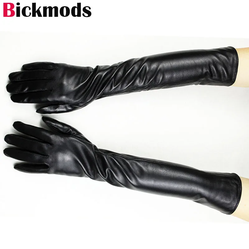 Long Leather Gloves Ladies Sheepskin Thin Rayon Lining Fashion Versatile Simple Straight Style Thick Fleece Lining Winter Warmth