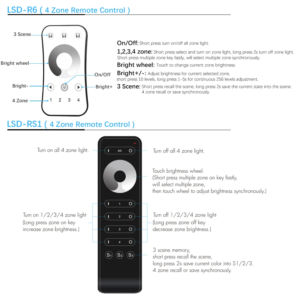 LED Dimmer Switch PWM Wireless RF 2.4G 4-Zone Touch Remote Smart Home Wifi Relay DC12V 24V Controller for Single Color LED Strip