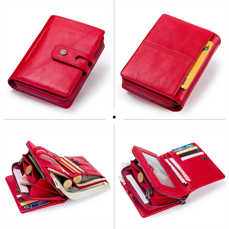 Contact\'s Wallet Women Zipper Genuine Leather Short Wallets Quality Coin Purse Women Hasp Button Purse With Credit Cards Holder