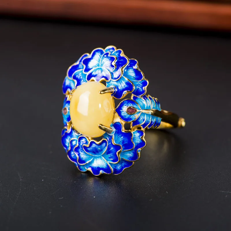 

Retro Thai S925 Sterling Silver Cloisonne Jewelry Roasted Blue Enamel Color Peony Natural Beeswax Gems Open Ended Ring Wholesale