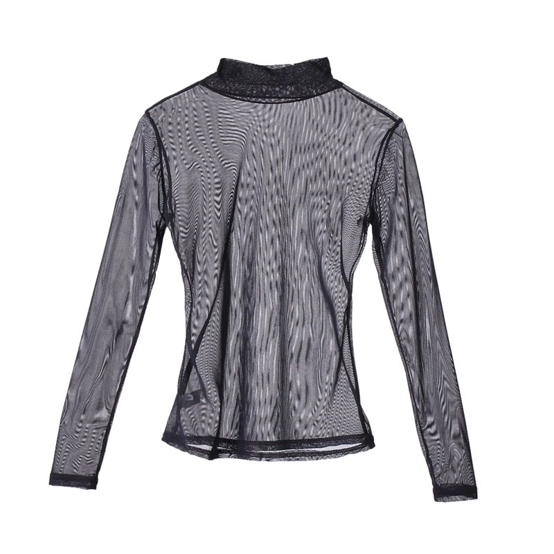 Blusa de malla transparente para mujer, camisa sexy de manga larga con cuello de tortuga, color negro y rosa, gran oferta