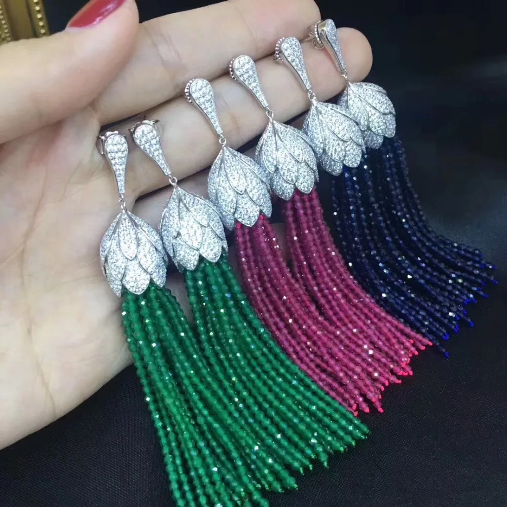 925 sterling silver with tassels drop earring long earring rose red green blue color fine women jewelry agate earring