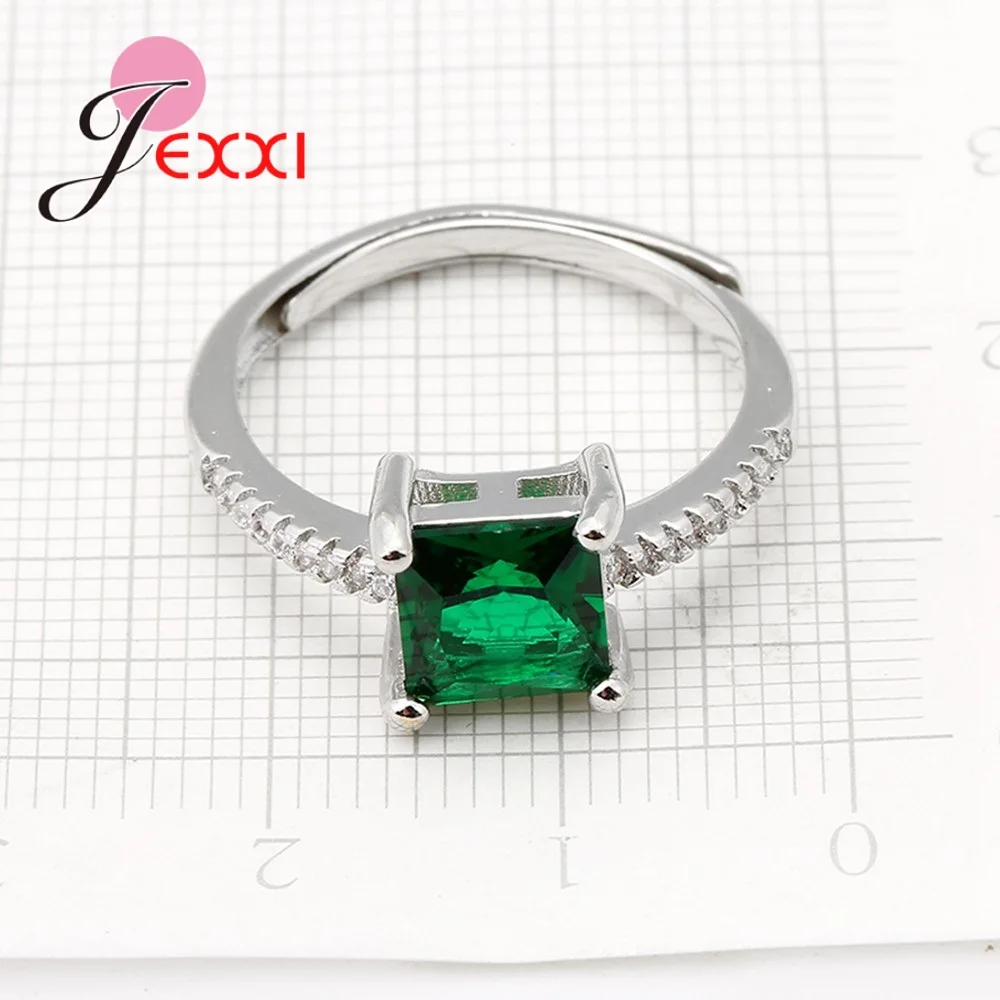 Red/Blue/Green Option Shiny Crystal Rings Square Shape 925 Sterling Silver Needle Minimalist Jewelry Resizable