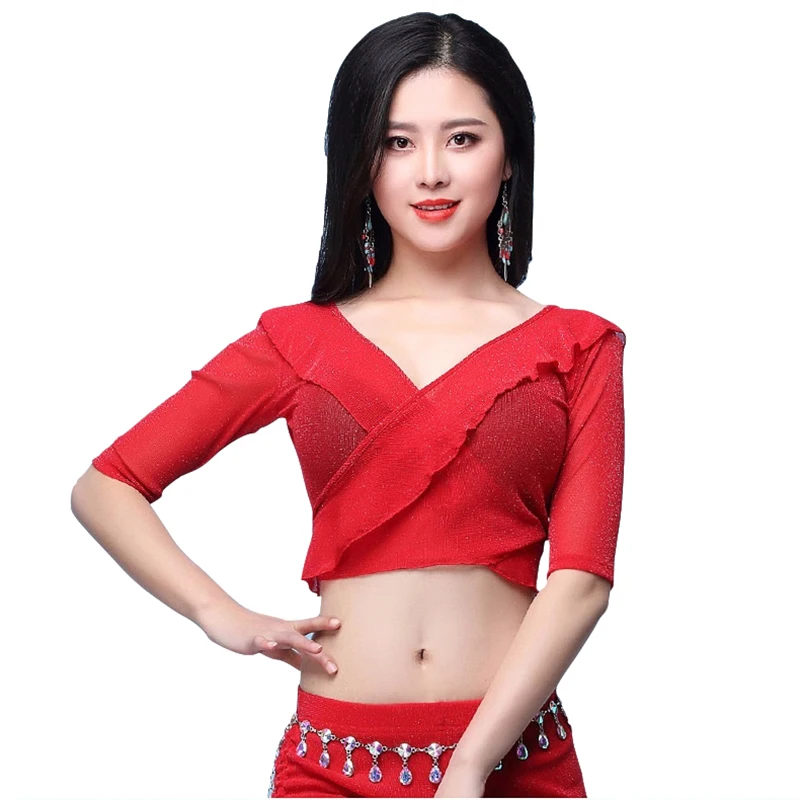 2018 New Belly Dance Clothes Women Sexy Top Front Cross Crop Halter Deep V Neck Bellydance Elastic Tops