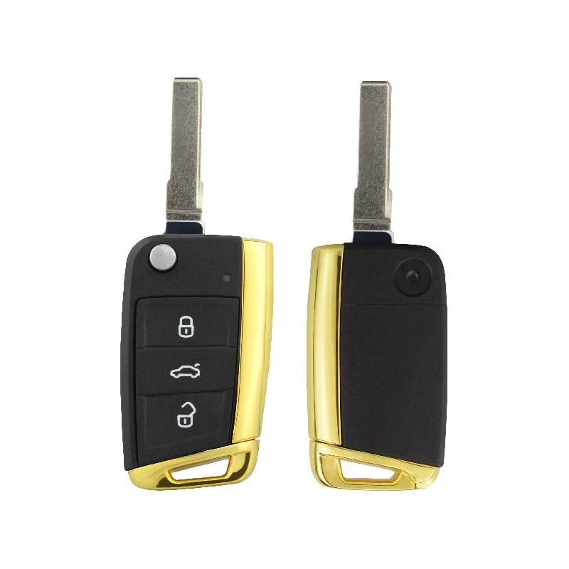 OkeyTech 3 Button Gold Shiny Metal Side Flip Folding Remote Car Key Shell for V W Golf 4 6 7 MK7 T5 Passat B5 Octavia Skoda