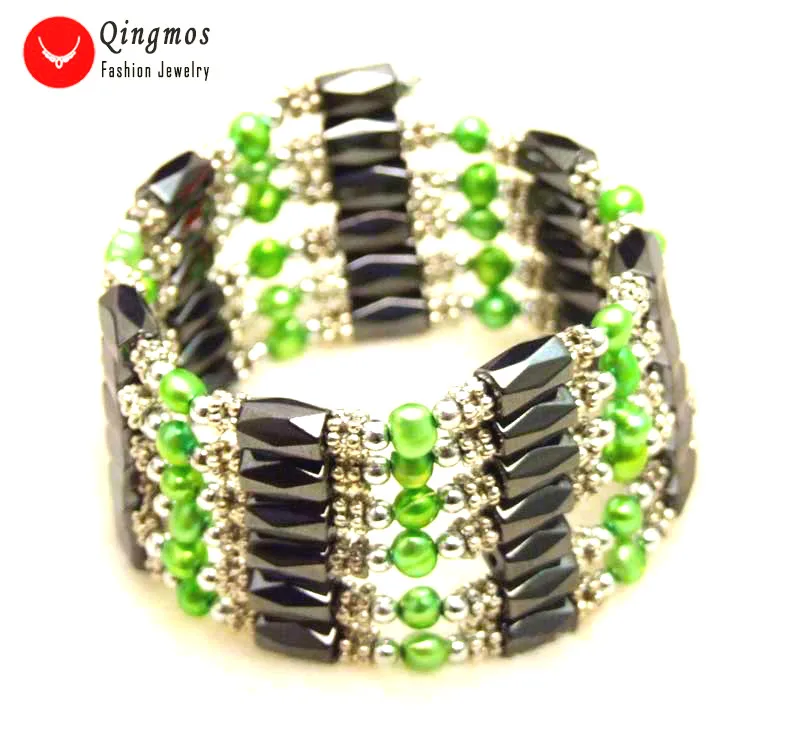 

Qingmos Pearl Bracelet for Women with 4-5mm Light Green Baroque Pearl & Black Hematite Magnetic 38'' Long Necklace Bracelet 352