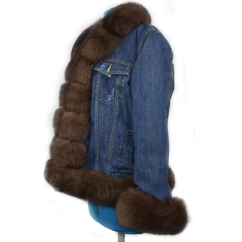 Real Fox Fur Jacket for Women, Female Cowboy Jacket, Faux Fur Lining, Cowboy Jacket, Natural Fur Jeans, Spring, New, 2023