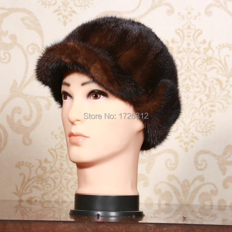 

Mink fur hat ear protector cap new style high quality men's mink hair benn fur hat winter 58-60cm size biack brown color