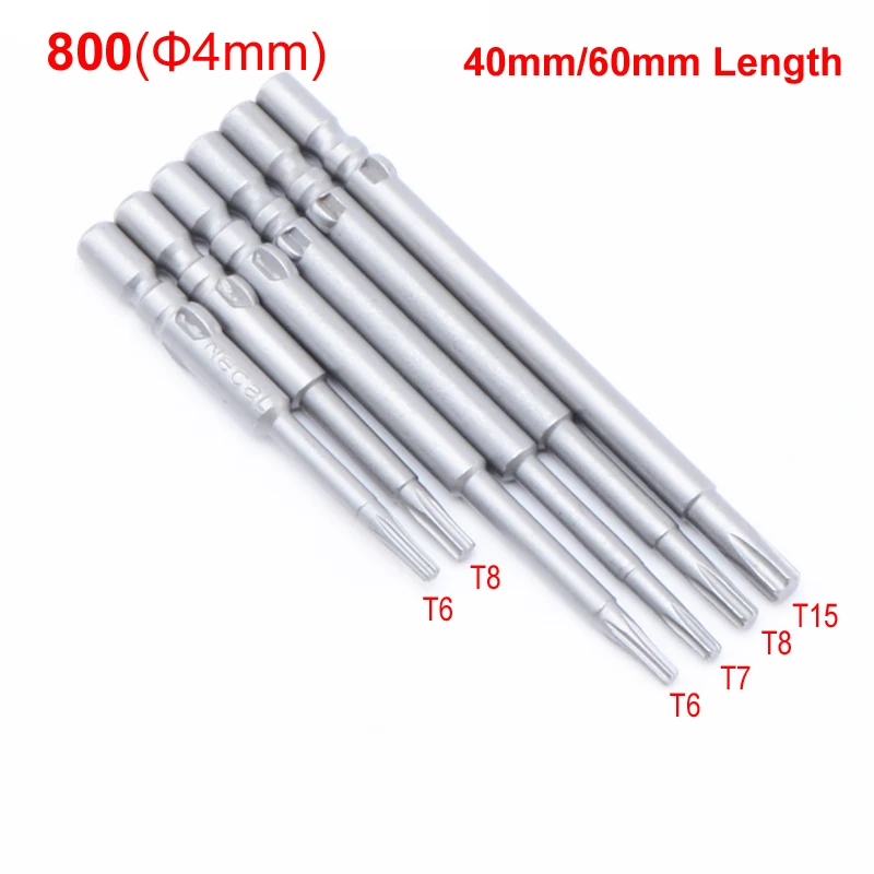 

6PCS/Lot 800 4mm Round Shank Magnetic Electric Torx Screwdriver Bits Set Tool 40mm/60mm length T6 T7 T8 T15