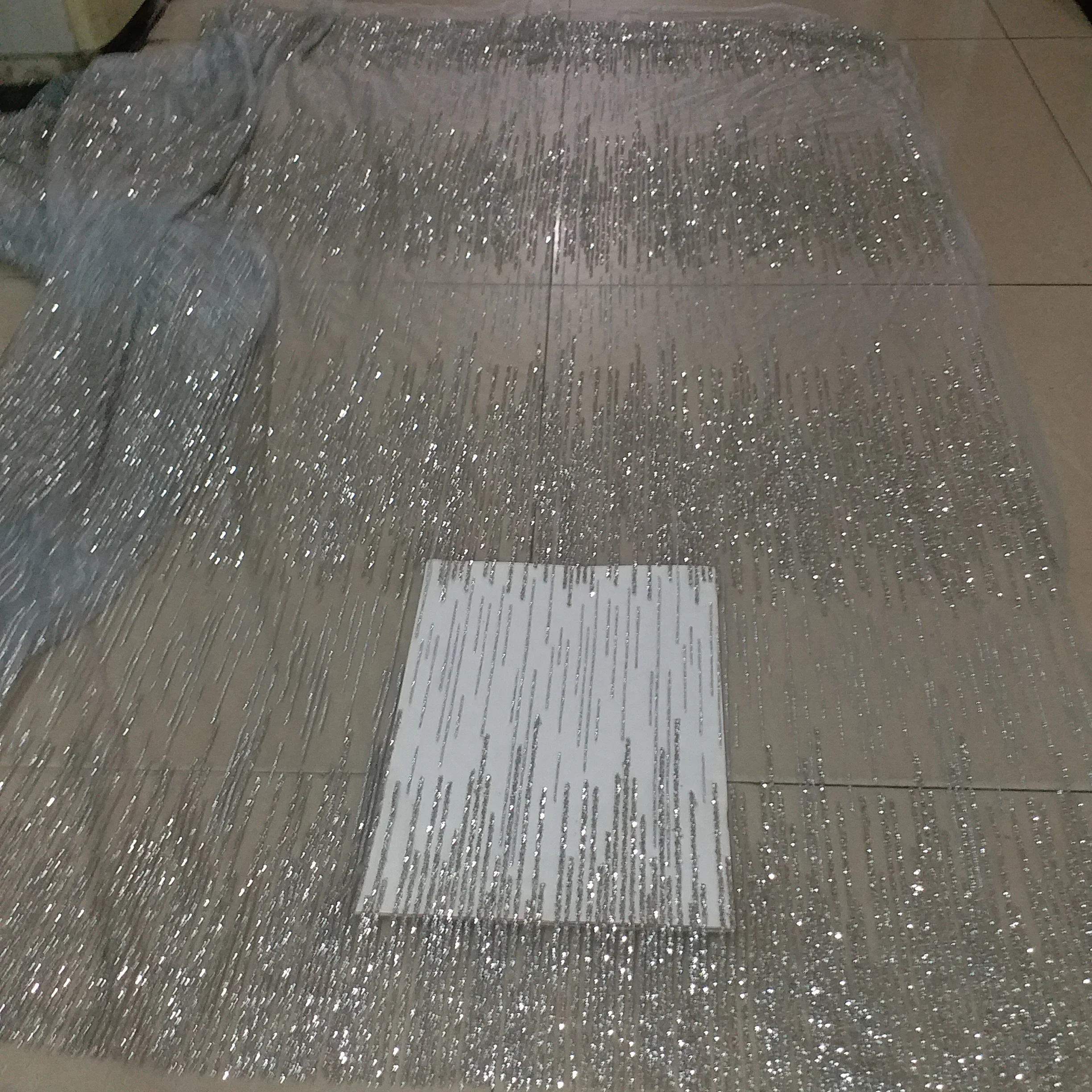 

5yards HLL04 silver stripe sparkle glitter glued hand print african india mesh fabric for bridal wedding dress