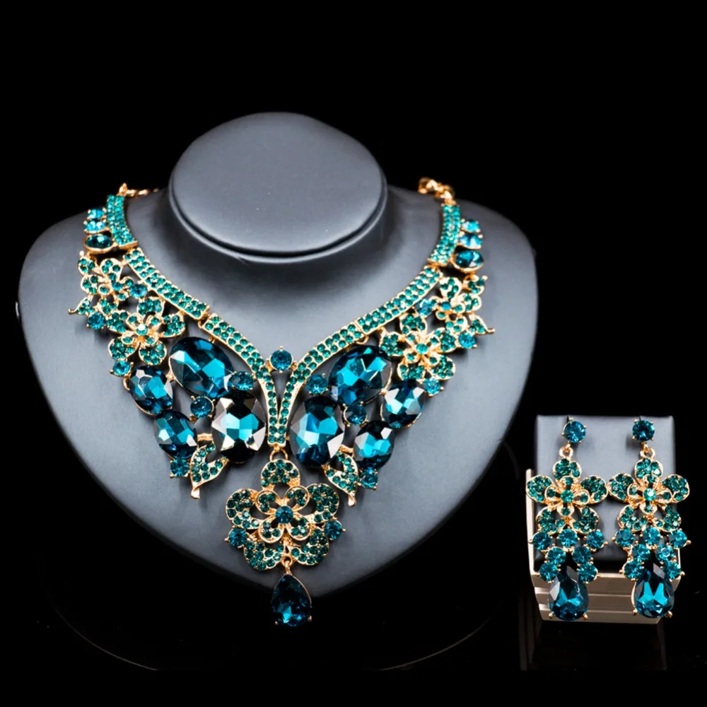 Lan palace luxury jewelry sets gold color dubai Glass Rhinestone necklace and earrings for wedding six colors  free shipping