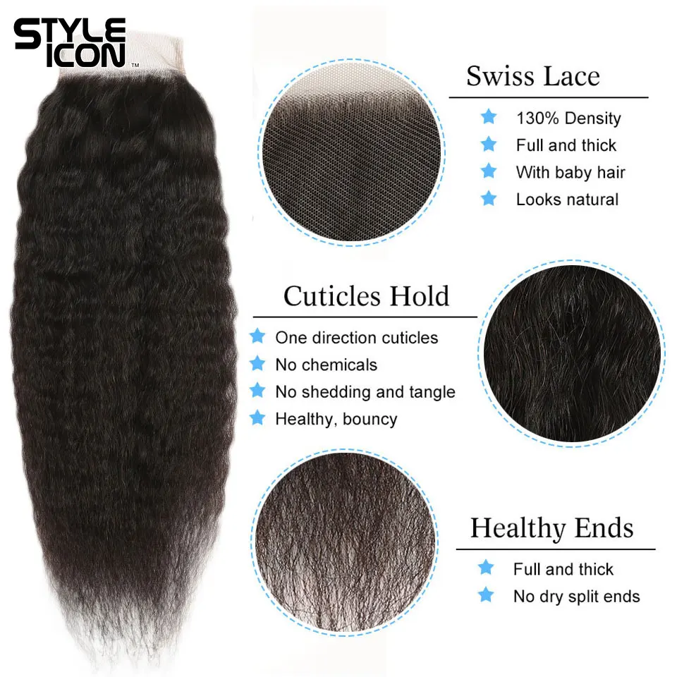 Styleicon 3 Bundles Kinky Straight Hair with Closure 100% Peruvian Human Hair Weave with Lace Closure Non-Remy Hair Weaving