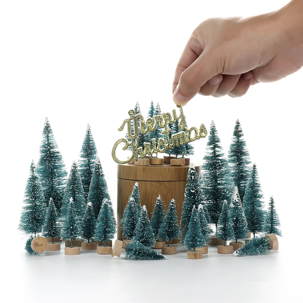 43pcs/set Christmas Tree Artificial Sisal Pine Tree with Wood Base DIY Crafts Home Table Top Decoration Christmas Ornaments