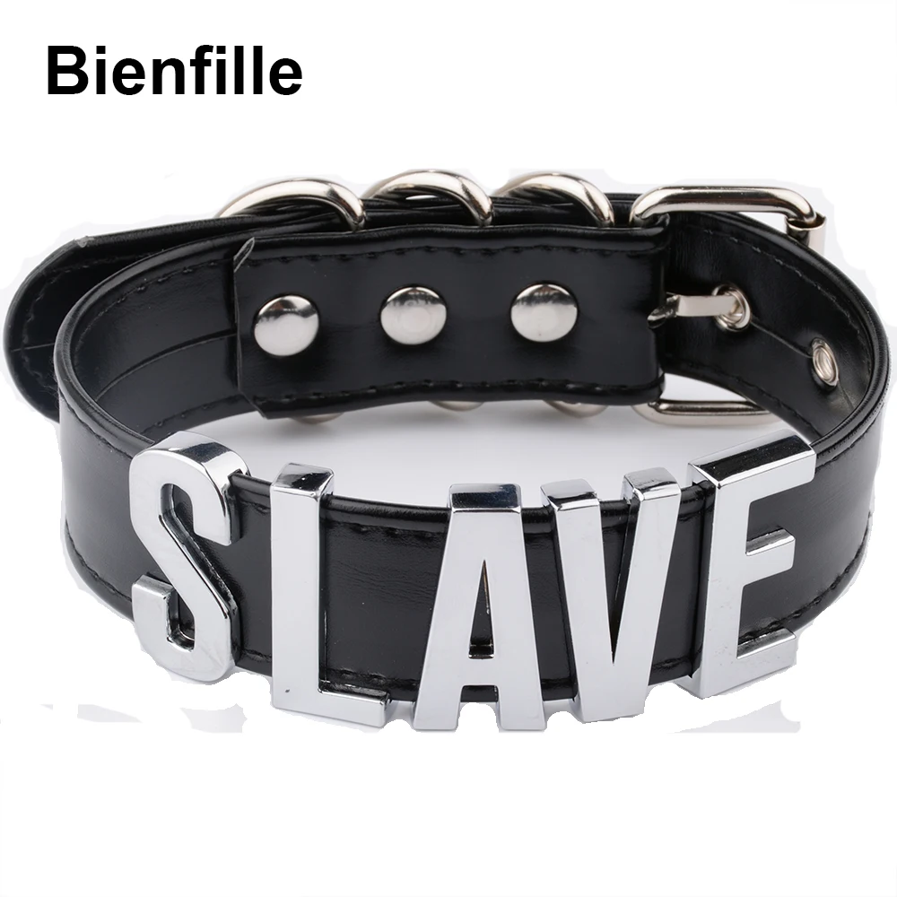 Fashion Gold Men Necklace Women Girl  Slave Name Word  Collar Buckle Necklace Black PU Leather Kawaii Jewelry