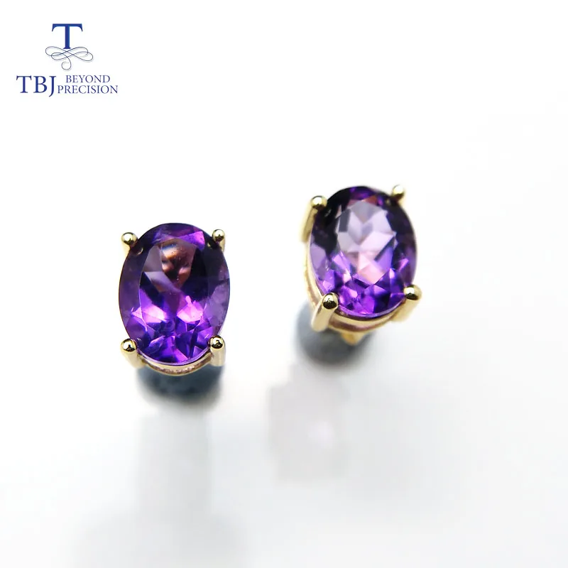 TBJ,natural good luster african amethyst oval 6*8mm 3ct gemstone simple earring in 925 yellow gold color for girls with box