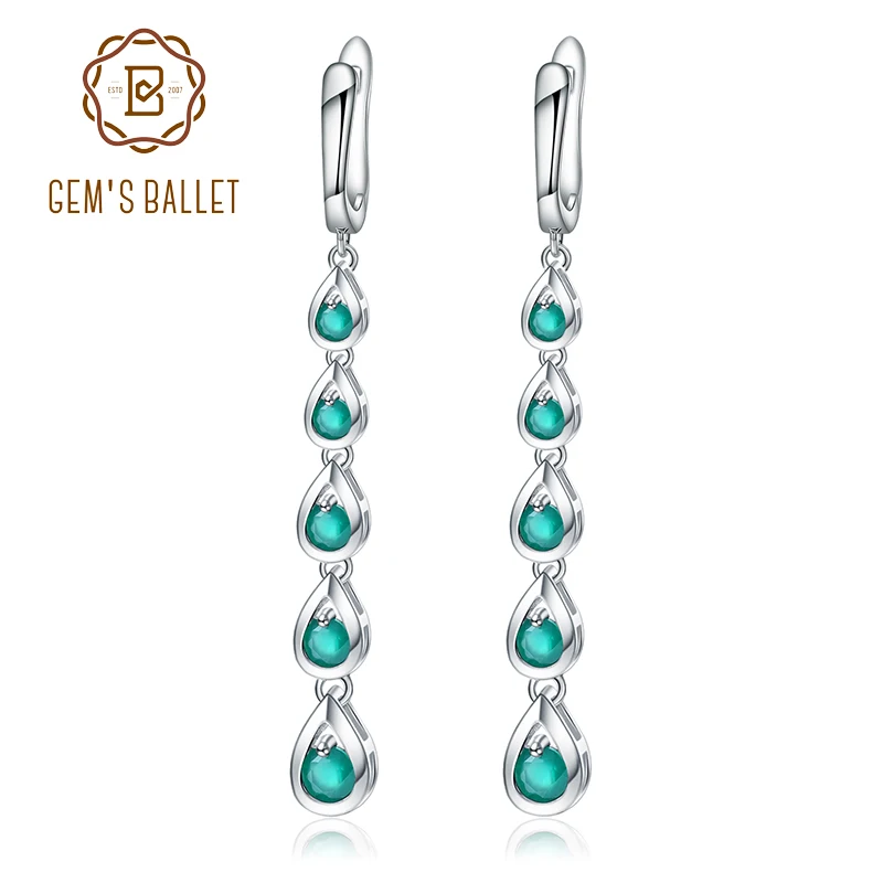 GEM'S BALLET Solid 925 Sterling Silver Drop Earrings 3.07Ct Natural Green Agate Gemstone Long Earrings Fine Jewelry For Women