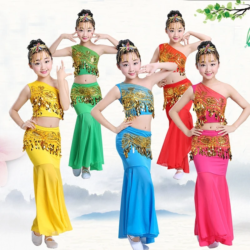 Children\'s Dai Dance Costume Girls Peacock Dance Costumes Children\'s Belly Dance Fishtail Dress Performance Costume