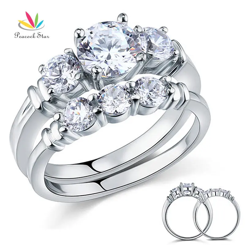 Peacock Star Round Cut 2-Pcs Solid Sterling 925 Silver Promise Engagement Ring Set Wedding Gift Jewelry CFR8066