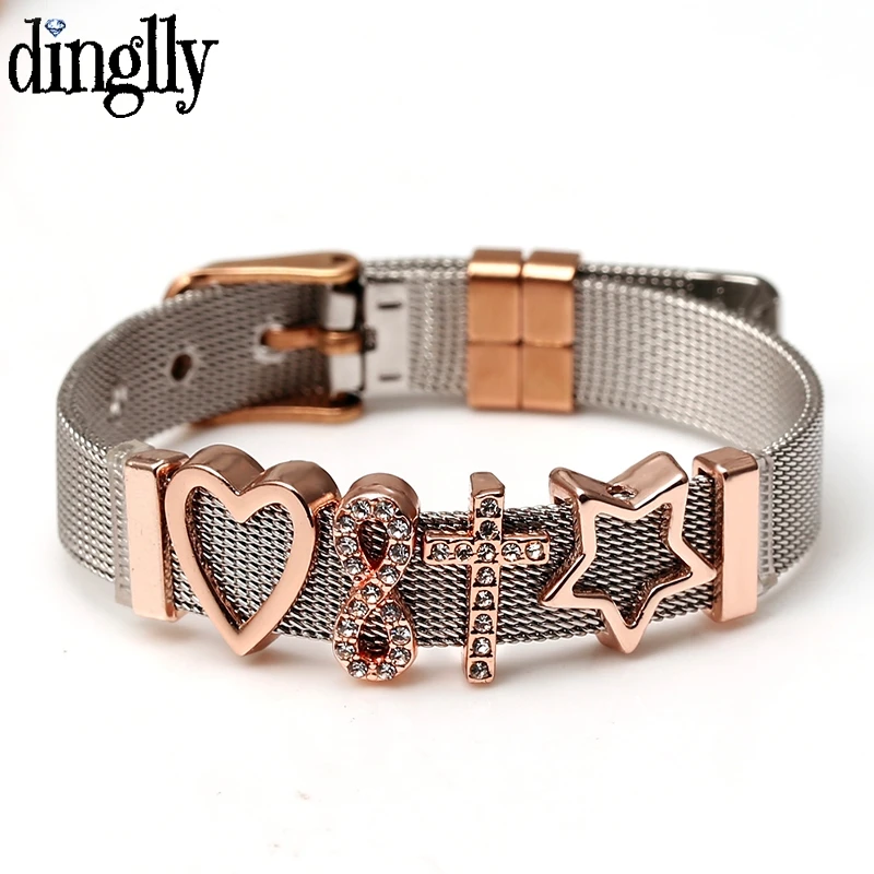 DINGLLY Stainless Steel Mesh Bracelets For Women Rose Gold Plated Belief In Love Eternal Salvation Watch Belt Bracelet Bangle