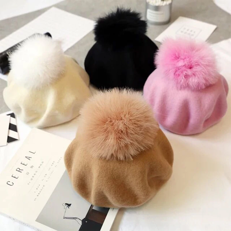 VISROVER new beret hat female winter knitted wool cap fake fur pompom hat solid color top quality Women Boina Feminina