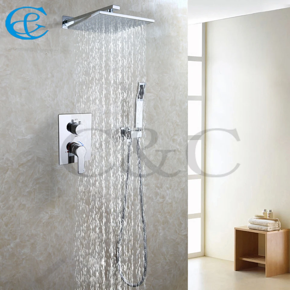 10 Inch Square Rain Shower Heads Embedded Box Faucet Valve Chrome Brass Bathroom Products Hot And Cold Shower Mixer Faucet Set