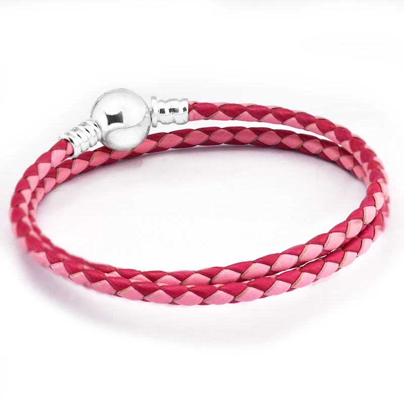 Mix Pink Red Woman Round Clasp Leather Bracelet Fits sterling silver Charms & Beads For Woman DIY Jewelry Making