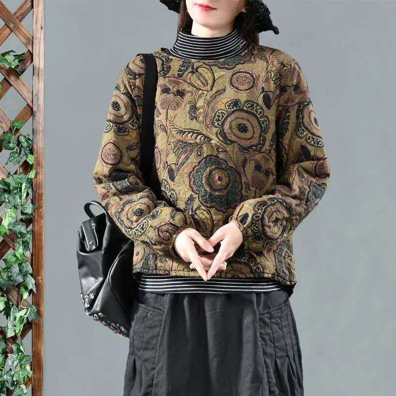 

New Autumn Winter Art Style Women Coat O-neck Pullover Quilted Vintage Print Tops Female Thin Cotton Warm Basic Jackets D134