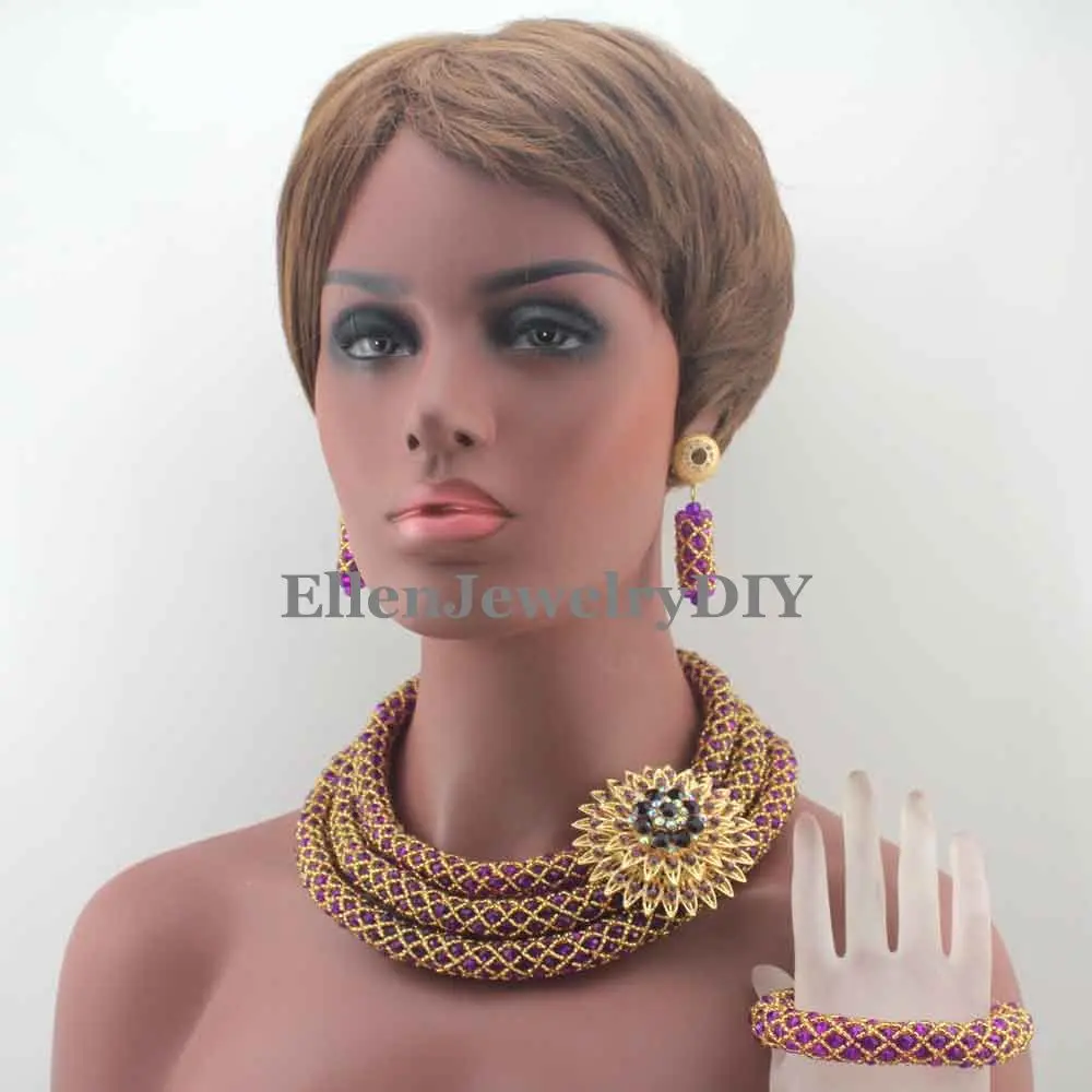 Stylish Purple Nigerian Wedding African Beads Jewelry Set Handmade Indian Dubai Bridal Necklace Sets Free Shipping W13099