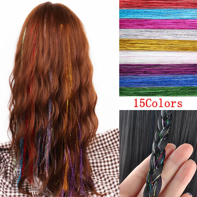 

15 Colors Bling Hair Secoration FashionHair Tinsel Sparkle Glitter Extensions Highlights False Hair Strands Party Accessories