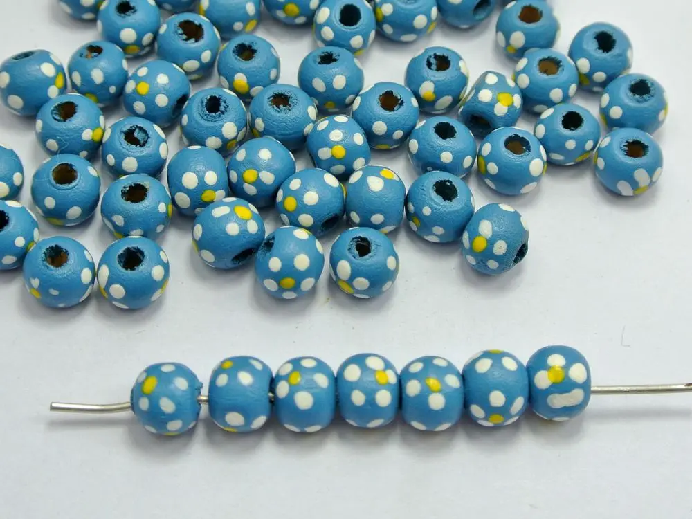 

200 Blue Flower Round Wood Beads~Wooden 10mm DIY jewelry E01002