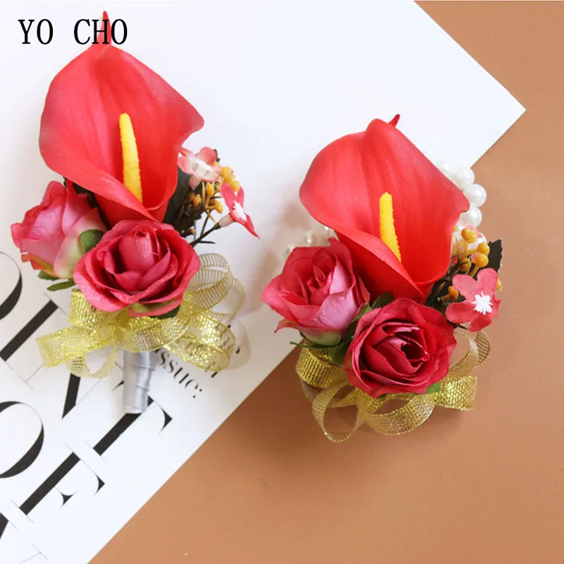 YO CHO Boutonnières Bruiloft Zijde Wit Roze Calla lelie Corsages Manchet Armbanden Bruidsmeisje Huwelijk Prom Bruidegom Bloem Boutonniere