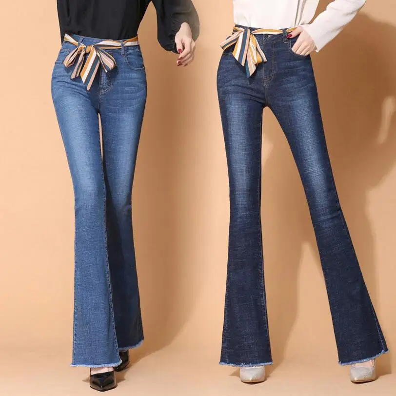 

2018 new autumn Ladies High Waist Long Elastic Buttons Women Jeans Casual Skinny Fit Slim Full Length Denim Flare Pants r277
