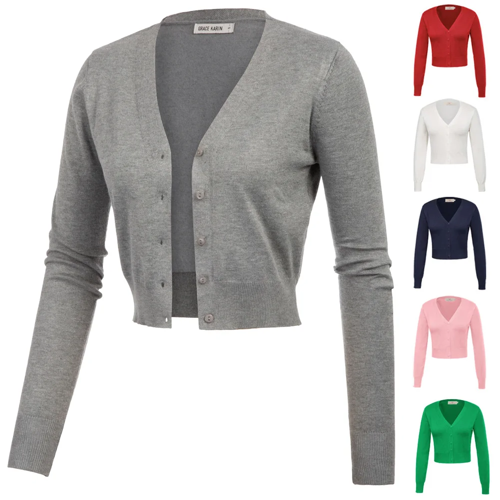 Grace karin cardigan recortado feminino com decote em v botão para baixo frente aberta com nervuras malha shrug camisola de algodão malhas tricô casaco a20