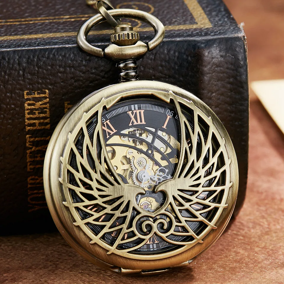 Luxus goldene Liebe Flügel mechanische Taschenuhr Anhänger Kette einzigartige hohle Design Skelett Doppelseite Handwind mechanische Uhr