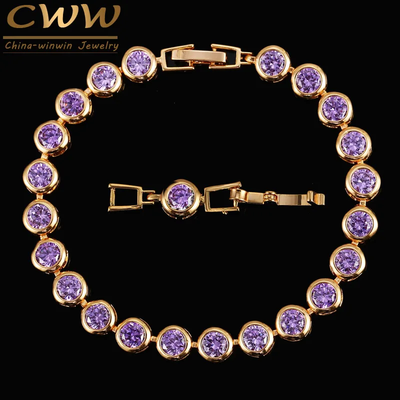 CWWZircons Designable Purple Crystal Jewelry Women Gold Color CZ Connected Chain Link Bracelets with Extended Clasp CB152