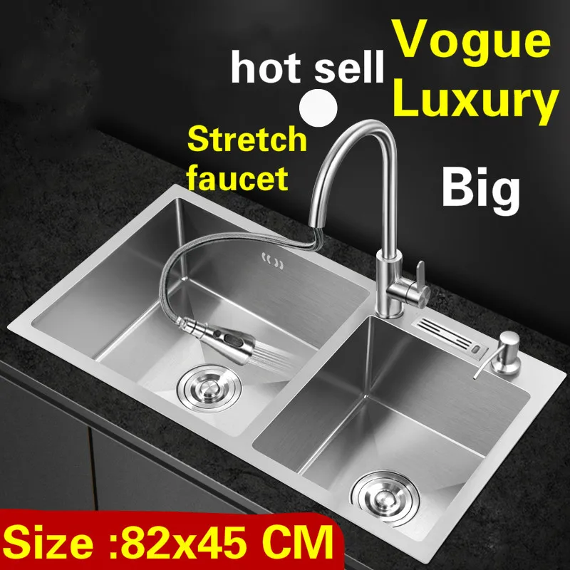 

Free shipping Apartment kitchen manual sink double groove stretch faucet wash vegetables 304 stainless steel hot sell 82x45 CM