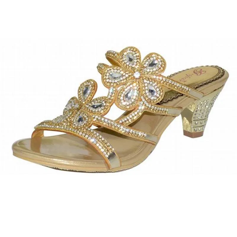 

new fashion rome gladiator thick high heeled slipper flowers rhinestone crystal heels sexy open toe slippers party wedding shoes