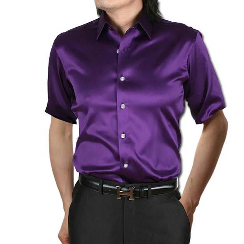 

ANPOETCHY Brand Men Faux Silk Shirt Bright Fabric 14 Color Short Sleeve Dress Shirt Korean Fashion Clothing Plus Size