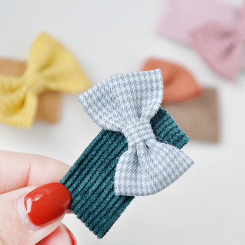 Cute Corduroy Houndstooth Children Baby Hair Clips Triangle Hair Pin Striped Plaid Bow Hairband Hairgrip Barrette Girls Clips