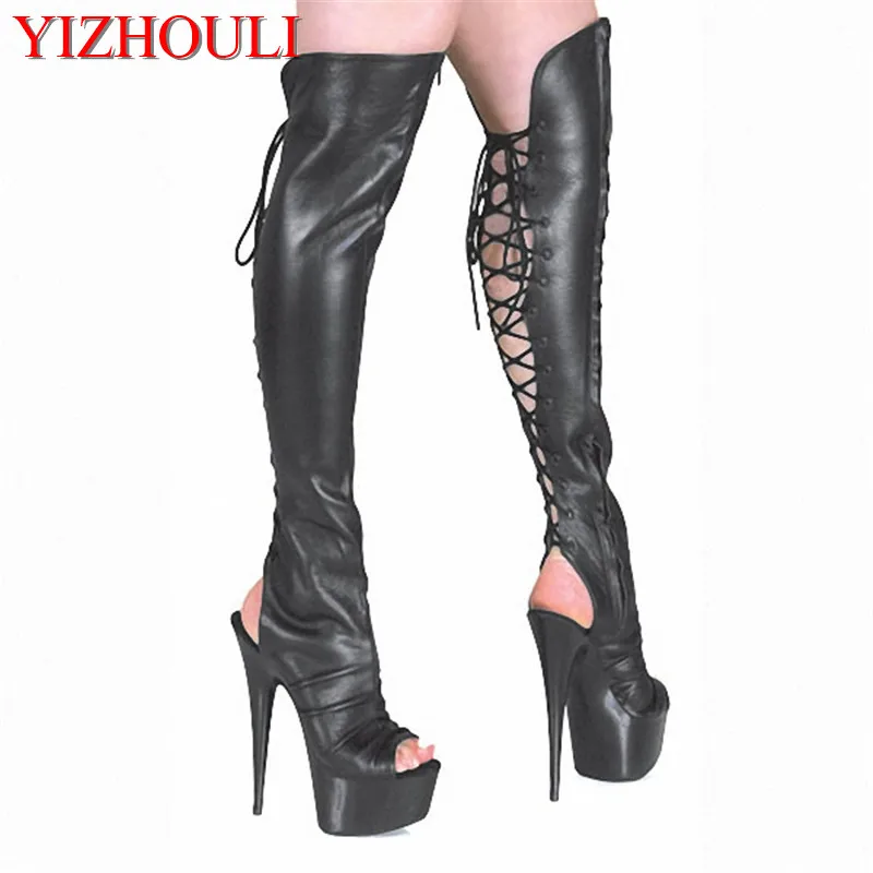 15cm High-Heeled Shoes Cutout Over-The-Knee Women\'s Boots Back Strap Open Toe Sandals 6 Inch Heels Thigh Boots Dance Shoes