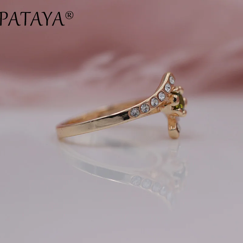 PATAYA New Special Offer White Rhinestones 585 Rose Gold Color Round Olive Green Natural Zirconia Rings Women Wedding Jewelry